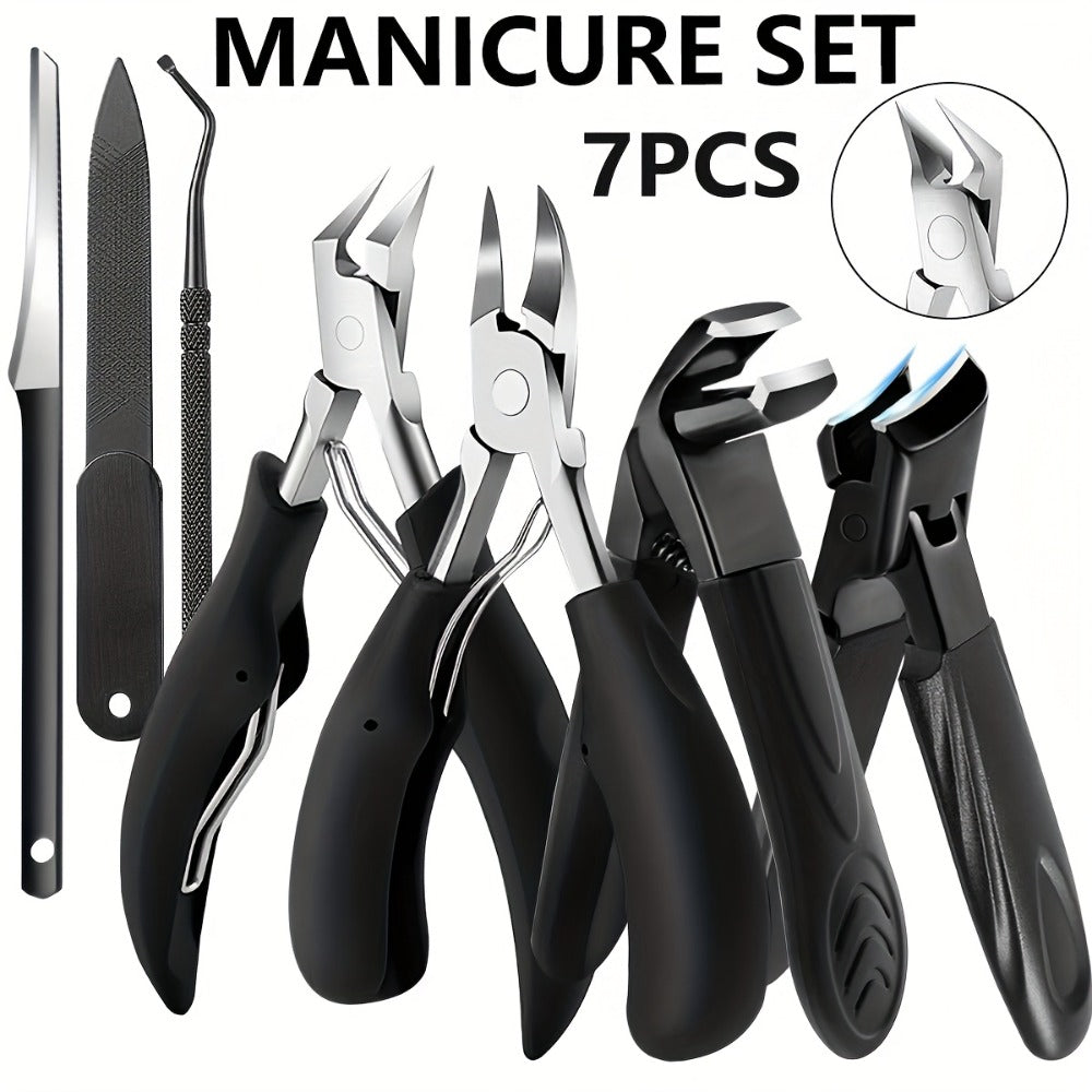 Heavy Duty Toenail Clipper Set 7pcs for Seniors Angled Curved Stainless Steel Blades Splash Guard Long Handle Nail File Pedicure Tool Kit Thick Nails