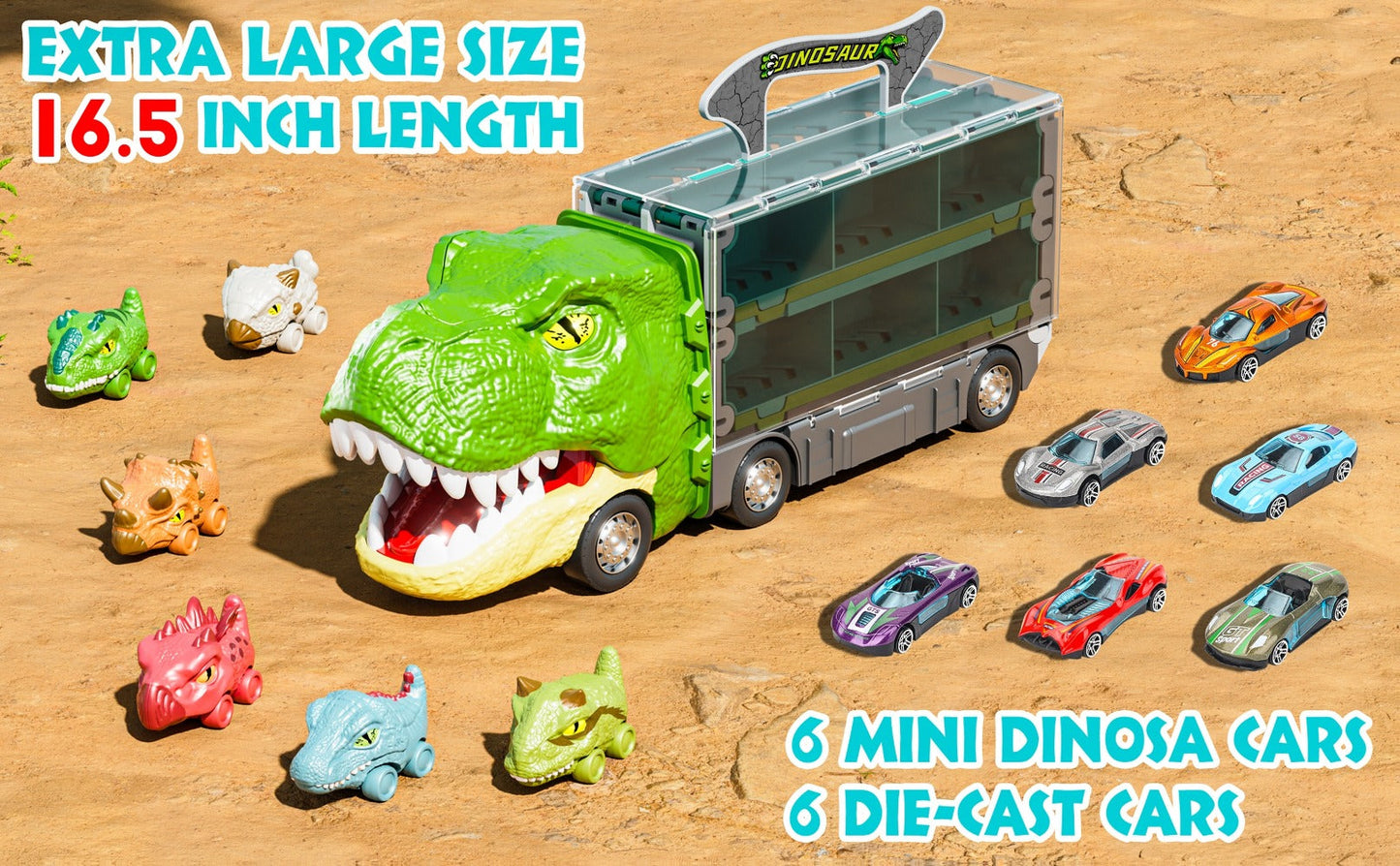 Dinosaur Truck Toys 13-in-1 Transport Carrier with 63-Inch Foldable Race Track | 6 Dino Cars + 6 Die-Cast Cars | 2-Player Racing Mode | Kids Birthday Christmas Gift