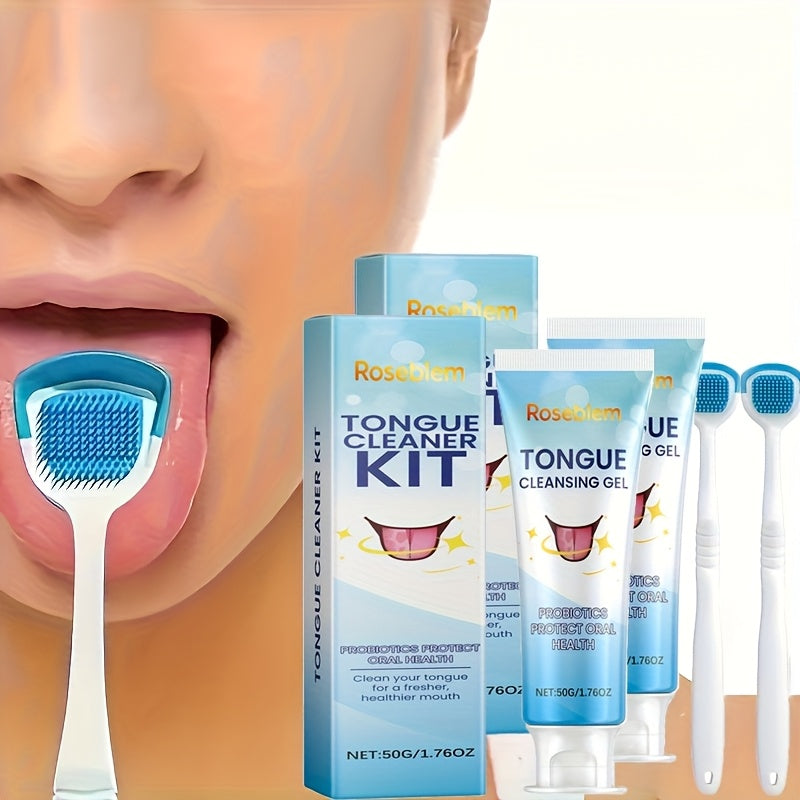 Tongue Cleaner Kit with Probiotic Cleansing Gel & Tongue Brush – Bad Breath Eliminator Fresh Mouth Daily Oral Hygiene Care Gentle Non-Irritating for Sensitive Mouths Adults Gift Set