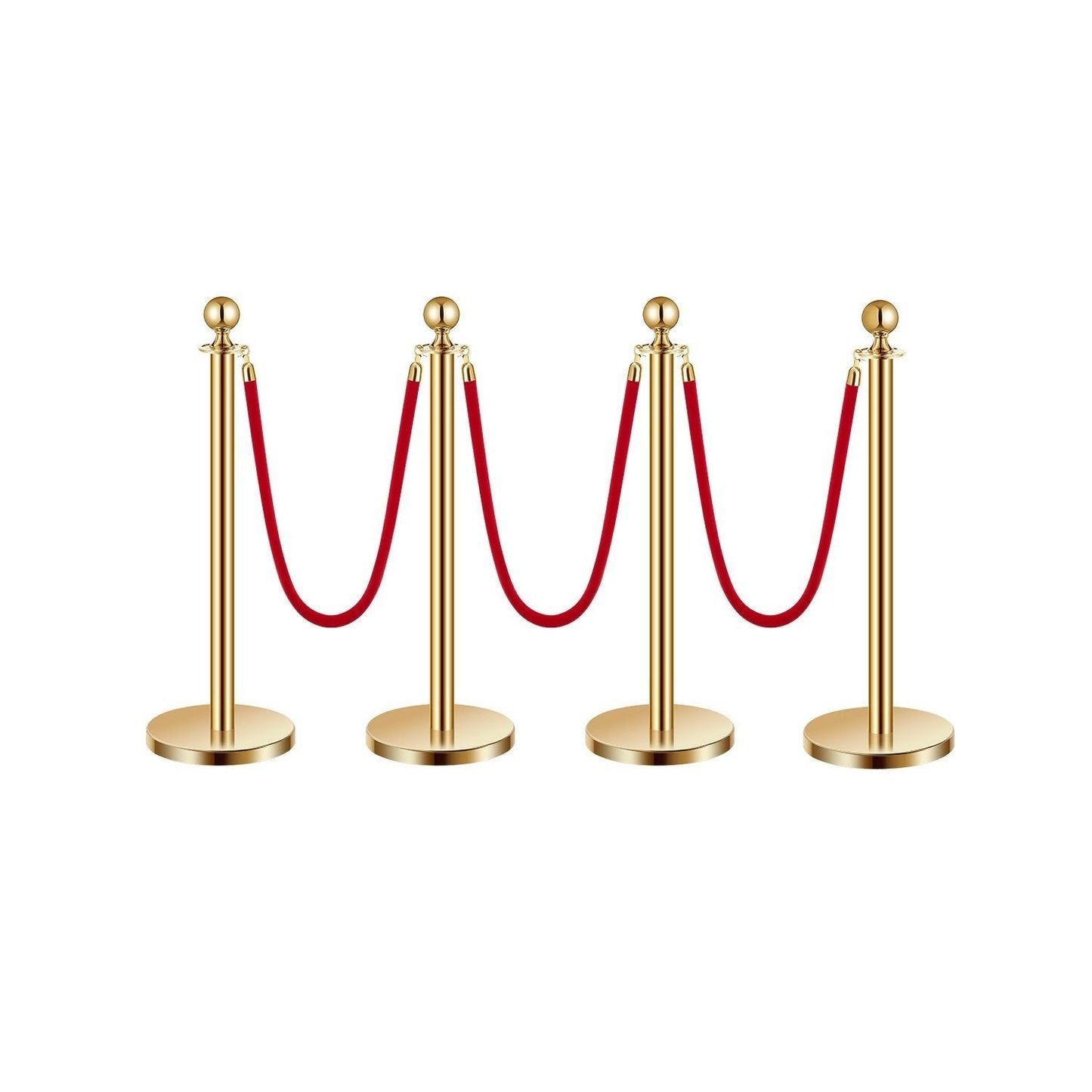 Stanchion Posts with Red Velvet Rope Set - Gold Crowd Control Barrier, 201 Stainless Steel Queue Poles with Sand-Fillable Base & 4-Way Connectors, for Wedding Event Party Museum Hotel, 4/6/8 Pcs
