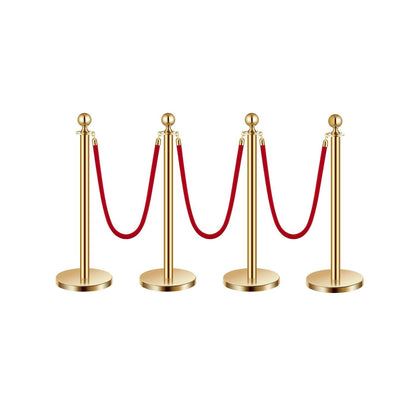 Stanchion Posts with Red Velvet Rope Set - Gold Crowd Control Barrier, 201 Stainless Steel Queue Poles with Sand-Fillable Base & 4-Way Connectors, for Wedding Event Party Museum Hotel, 4/6/8 Pcs