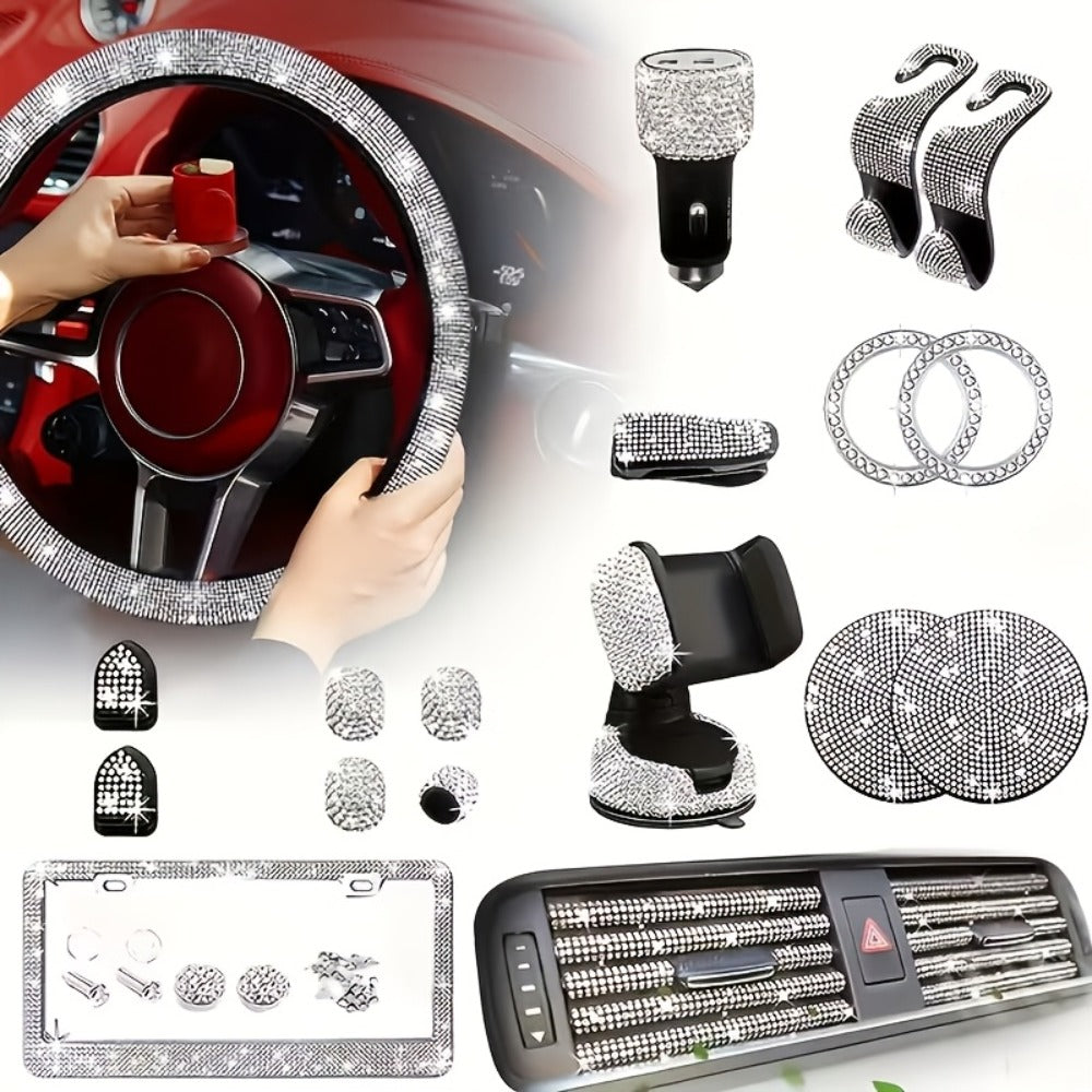27pcs Bling Car Accessories Set for Women – Steering Wheel Cover 15", Car Coasters, License Plate Frame & Phone Holder, Glitter Interior Kit, Silver, Purple, Pink, Black, Red, Blue