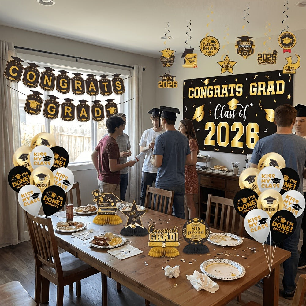 Class of 2026 Graduation Party Decorations – Complete Set with Backdrop Banner Hanging Swirls Balloons & Honeycomb Supplies, 6 Color Options Purple Maroon Blue Red Green Gold