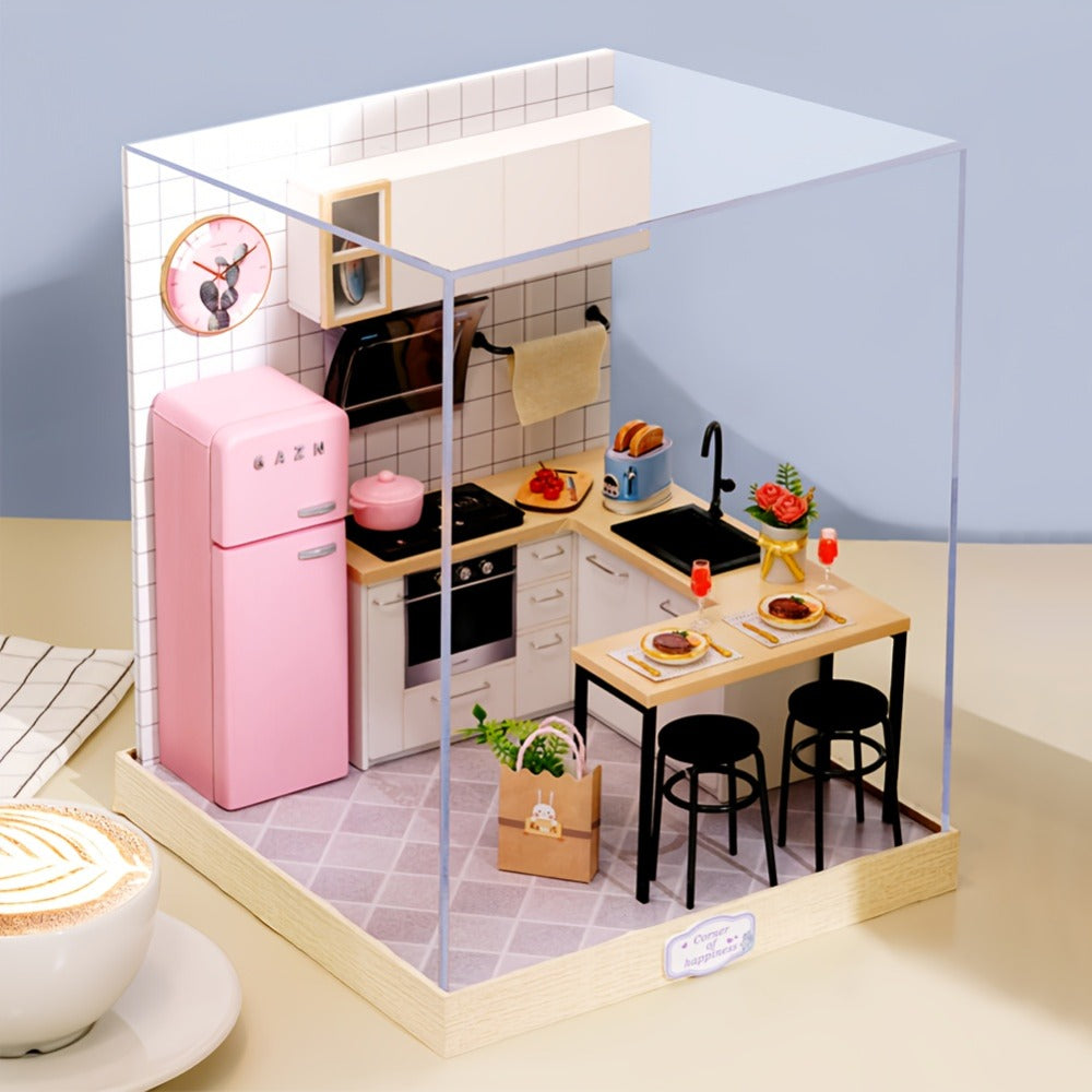 DIY Miniature Dollhouse Kit with Dust Cover Small – Mini House Model No Glue No Batteries, 4 Styles Tea Time Flavor Life Heartbeat Creativity World, Room Desk Decor Birthday Gift for Teens & Adults