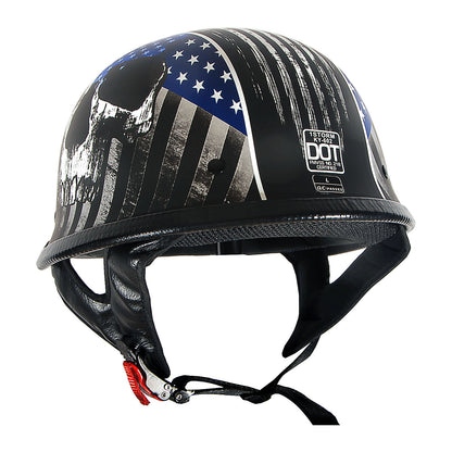 German Style Motorcycle Half Face Helmet – Novelty Skull & Carbon Fiber Design, UV Glossy Finish, Removable Washable Padding, Quick Release Buckle, Adult M/L/XL