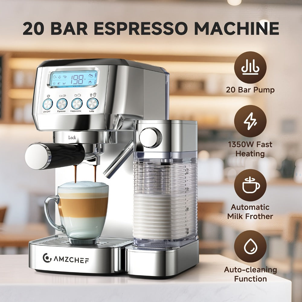 Espresso Machine 20 Bar with Automatic Milk Frother – Dual Boiler Coffee Maker, Touch Control, Cappuccino & Latte Machine with Dual Wall Filters, Includes Milk Frother, Easy to Use for Home & Gifts