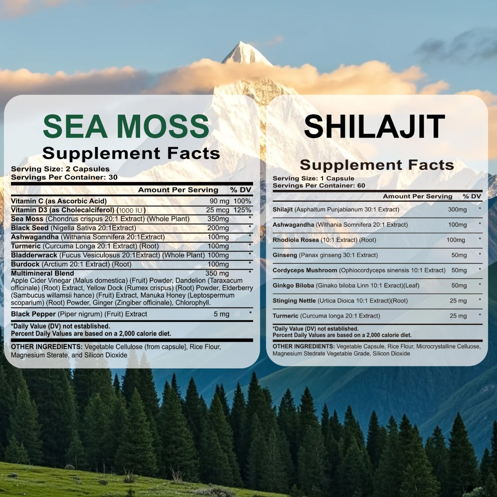 Sea Moss & Shilajit Supplement Bundle 10 Bottles – 12-in-1 Sea Moss + 8-in-1 Shilajit with Ashwagandha, Black Seed Oil, Ginseng & Bladderwrack | Morning & Evening Energy Formula for Men & Women