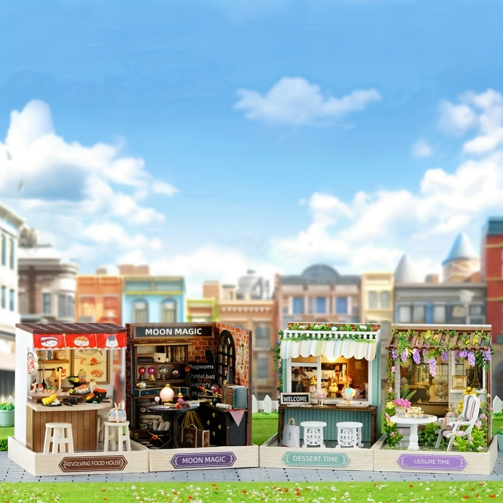 DIY Wooden Tiny House Kit with Dust Cover – Handmade Miniature Dollhouse Puzzle, 3 Themes Afternoon Tea Rotating Food House Moon Magic, Creative Home Decor Gift for Adults & Teens Birthday Christmas