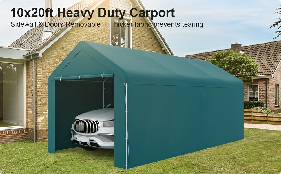 Carport Tent Car Ports Party Tent Heavy Duty Car Tent Car Shelter 10x20 Portable Garage Metal Storage Shelter Outdoor Event Tent Sun Shade with Removable Sidewalls & Doors, 230g Water-resistant PE Cover