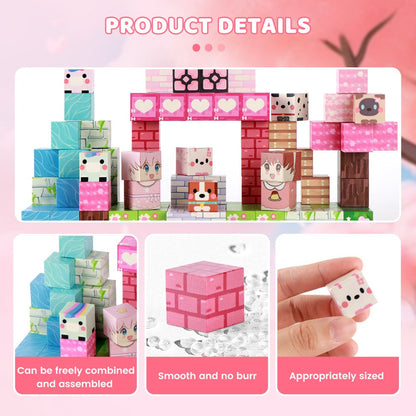 Pink Forest Park Magnetic Building Blocks 100 Piece STEM Set – 3D House Trees & Character Cubes Creative Construction Toy for Imaginative Play Birthday Christmas Gift for Girls Kids Ages 3+