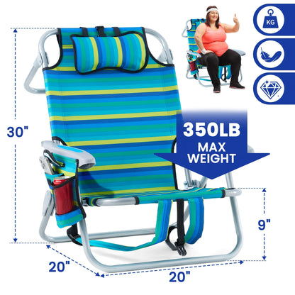 Folding Beach Chair Lay Flat Camping Chair for Adults 4 Position Adjustable Backpack Chair with Cup Holder Towel Bar Cooler Pouch Lightweight Portable Outdoor Lounge Chair