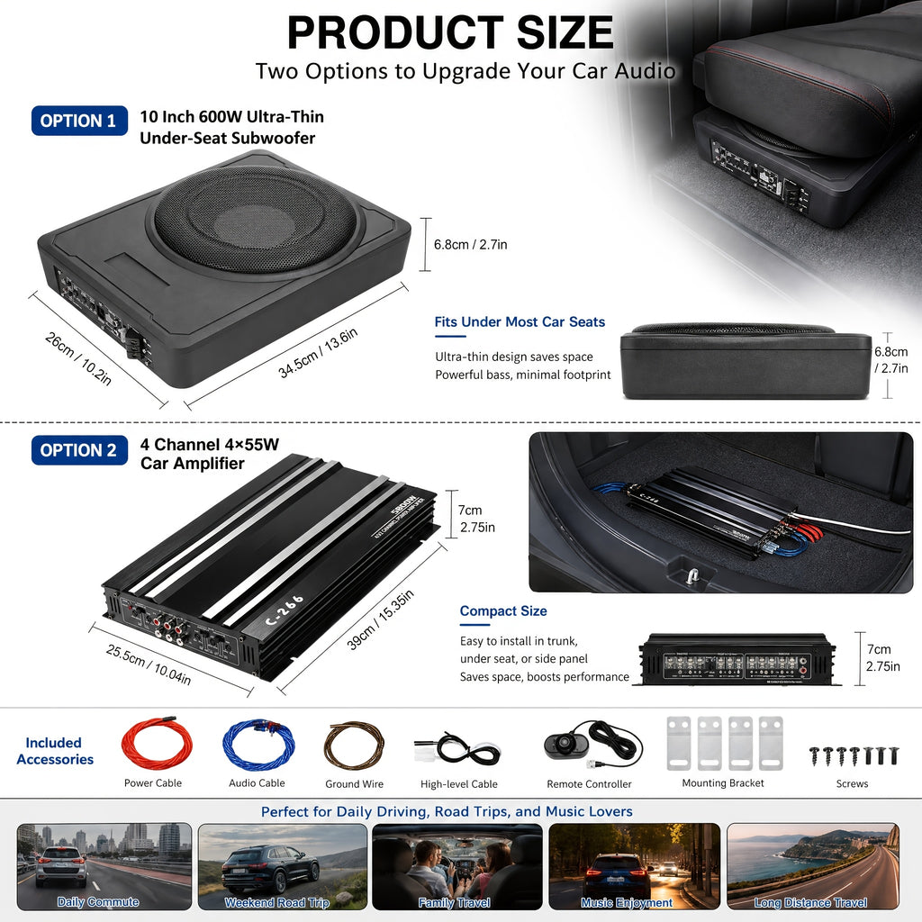 Option: 10-Inch 600W Car Subwoofer Or 4-Channel Car Amplifier. Car Audio Upgrade Kit 2-in-1 Choice, 10 Inch 600W Ultra-Thin Subwoofer Under-Seat Hidden Install, OR 4-Channel 4×55W Amplifier For Full-Range Sound Enhancement, Without Battery