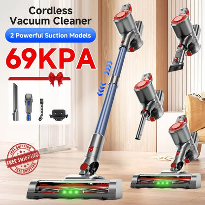 Anti-Tangle LED Vacuum Cleaner 55-69Kpa Corded & Cordless with Green LED Brush, Removable Battery & Multiple Suction Levels - Up to 45 Min Runtime for Carpets, Pet Hair & Hardwood Floors, 7 Colors