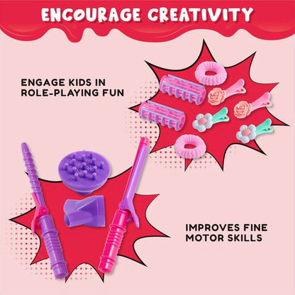 Girls Beauty Salon Toy Set 17 PCS – Pretend Play Hair Stylist Kit with Working Hairdryer Mirror Curling Wands Combs Clips & Jewelry Box | Princess Hair Dresser Toy for Girls Ages 3+ | Best Birthday Christmas Gift