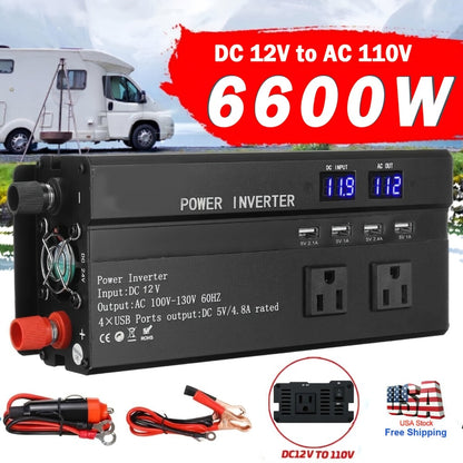 6600W Peak Pure Sine Wave Power Inverter 12V/24V DC to 110V AC – LCD Display, 4 USB Ports, US Outlets, 95% Efficiency for Car, Truck, RV & Solar