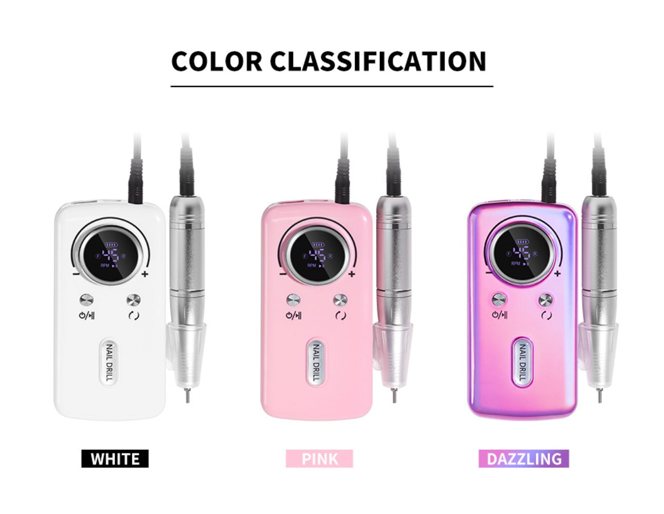 Cordless Nail Drill 45000 RPM Low Noise Rechargeable Electric Nail File Kit Portable Lightweight for Acrylic Gel Nails Manicure Pedicure Salon Home Use White Pink Purple