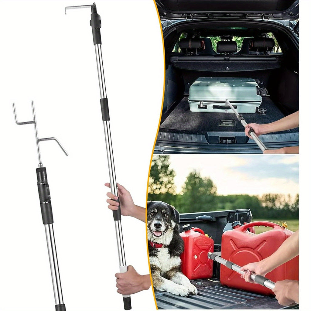 A Robust Stainless Steel Telescopic Grabber for Truck Beds, Featuring a Retractable Handle. This Heavy-Duty Tool Is Designed for Cargo Retrieval, Making It for easy to Lift And Move Heavy Items. It Serves As a Practical Accessory for Trucks with a D