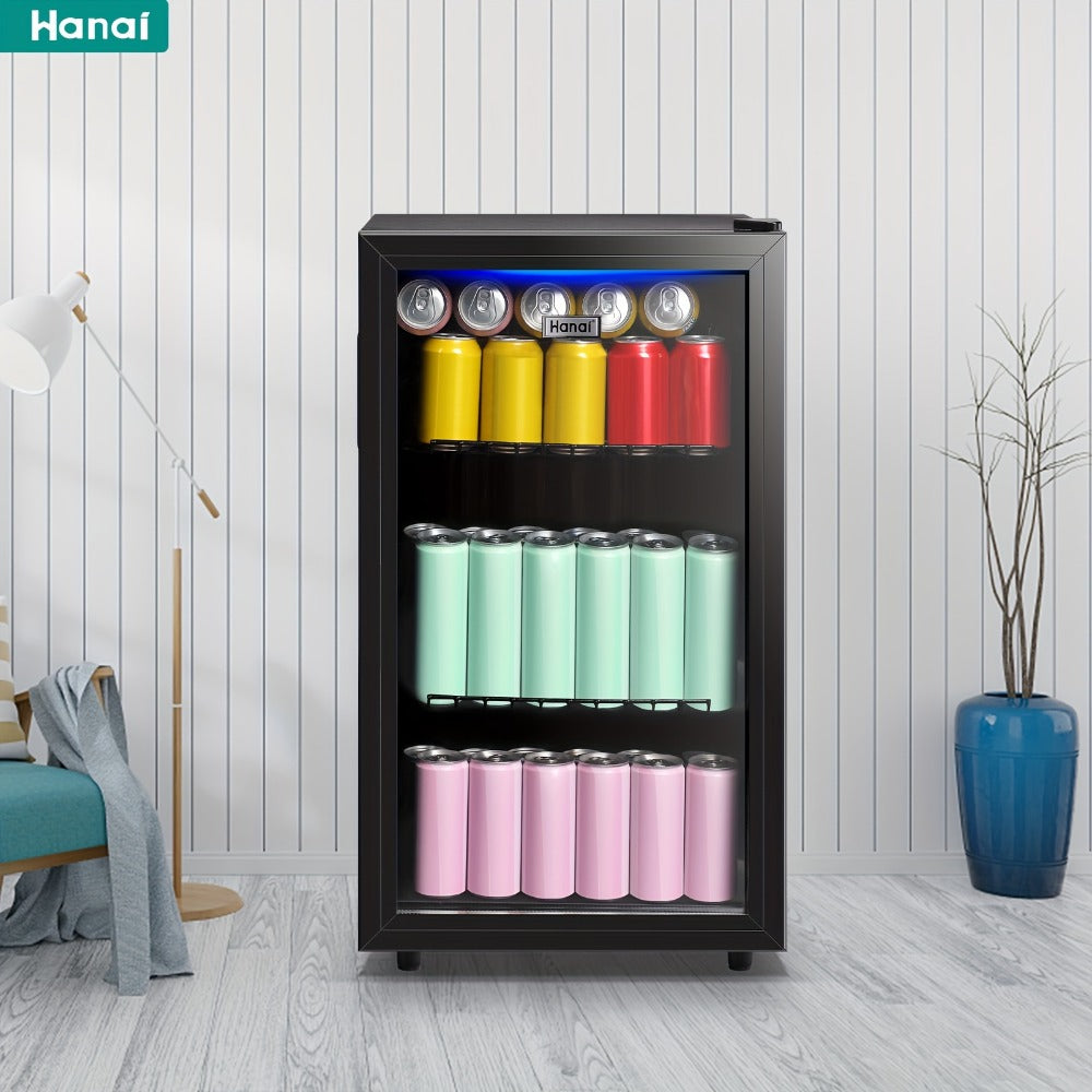 Beverage Refrigerator with Glass Door, Mini Drink Cooler Fridge with Blue LED Light, 3 Adjustable Shelves & R600a Compressor – 1.7 or 3.5 Cu Ft Freestanding Bar Fridge for Home, Office, Dorm and Bar