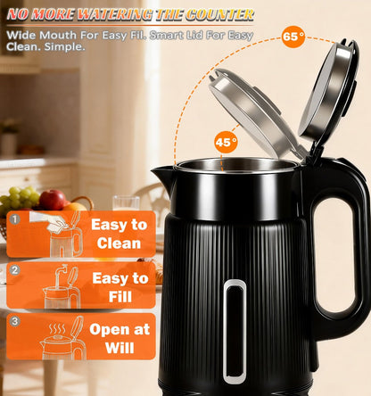 Electric Kettle 1000W Double Wall Stainless Steel – 57.48oz 304 SS Hot Water Kettle with 360° Rotary Base, LED Light, Auto Shut-Off & Boil-Dry Protection, Instant Water Warmer for Coffee & Tea – Black