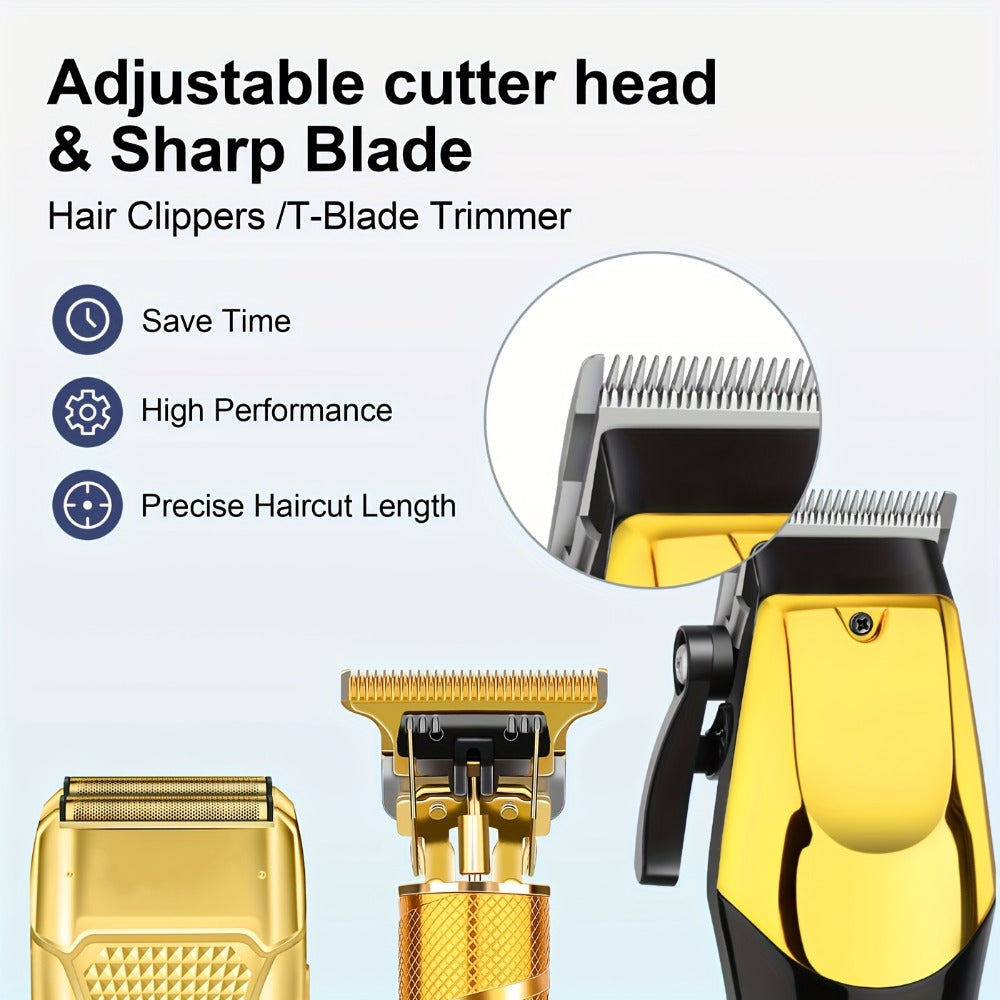 Men's Grooming Kit Hair Clipper Set USB Rechargeable LCD Display - Professional Clipper Razor T-Blade Trimmer 8 Guide Combs & Apron Complete Home Barber Kit Gold Black Gift for Men