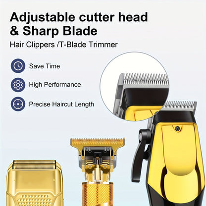 Men's Grooming Kit Hair Clipper Set USB Rechargeable LCD Display - Professional Clipper Razor T-Blade Trimmer 8 Guide Combs & Apron Complete Home Barber Kit Gold Black Gift for Men