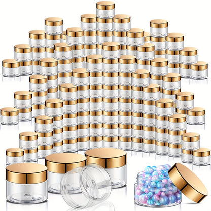 Wide Mouth Plastic Jars with Lids 2oz 100 Pack Clear Cosmetic Containers with Golden Flip Top Lid for Lotion Cream Body Butter Lip Balm Rhinestones Glitter Beads Travel Sample Storage