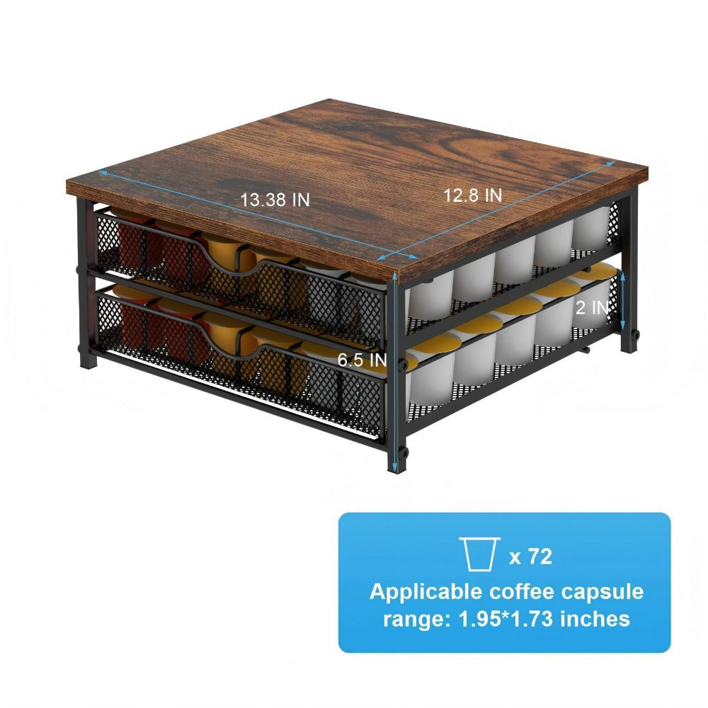 K-Cup Coffee Pod Holder 72 Capacity – 2-Tier Sliding Drawer Coffee Pod Organizer with Wood Top & Metal Frame, Non-Slip Base, Stackable Countertop Storage for Home, Office & Cafe – Silver