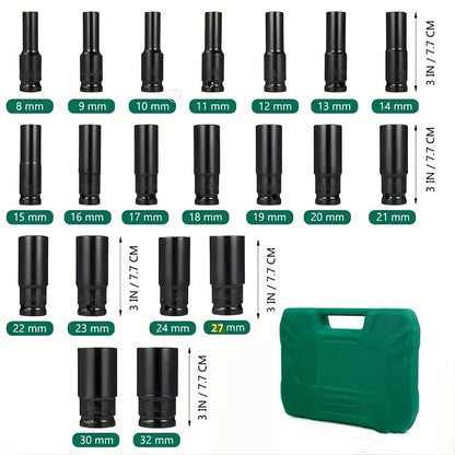 10-20pcs 1/2 "drive Metric Deep Impact Socket Set, Cr-V Steel Metric Tool Set 8mm-32mm, Chrome Vanadium Steel Electric Wrench Extended Hexagonal Socket Set, Universal Combined Socket Head, Automobile Maintenance Tool Set.