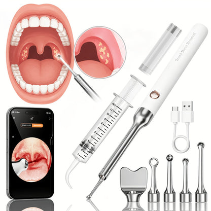 Tonsil Stone Remover with Camera - 1080P HD Visual Tonsil Stone Removal Tool with LED Light, 5-in-1 Stainless Steel Tips, Wi-Fi App Control, USB-C Rechargeable, Compatible with iOS & Android