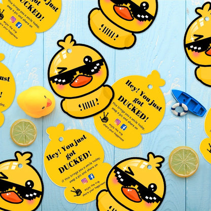 Duck Duck Ducked Party Game Cards 50 Pack – Printed Yellow Duck Tags with Round Hole & Rubber Bands, Viral Outdoor Group Activity for Kids, Teens & Adults, Fun Icebreaker for Birthday Parties, School Events & Team Building