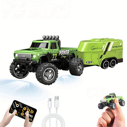 Mini RC Truck Toy 1:64 Scale 2.4GHz Off-Road Alloy Crawler with Detachable Trailer Body Lights & LED Headlights – Collectible Remote Control Truck Model Gift for Boys Girls Adults Blue Green Red
