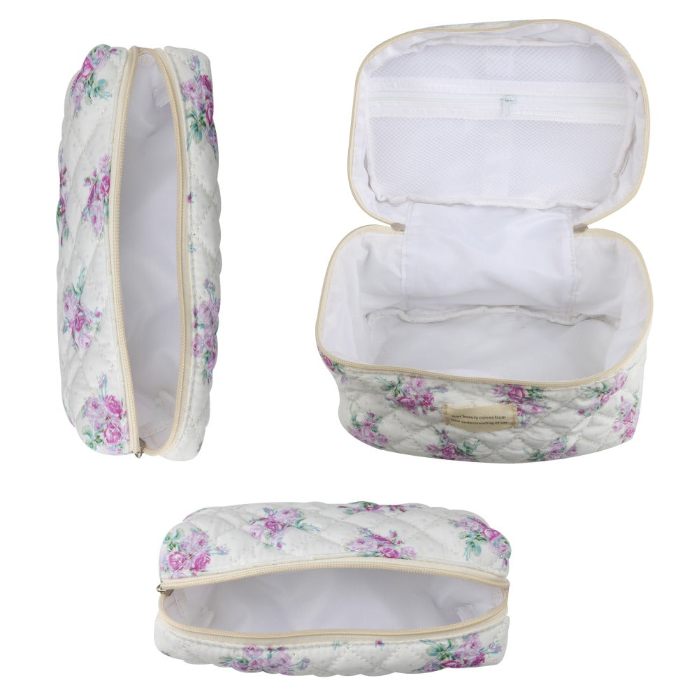 Quilted Floral Makeup Bag Set 3PCS Large Capacity Dual Layer Cotton Cosmetic Bags Coquette Aesthetic Travel Toiletry Organizer Gift for Women Girls Blue Rose Pink