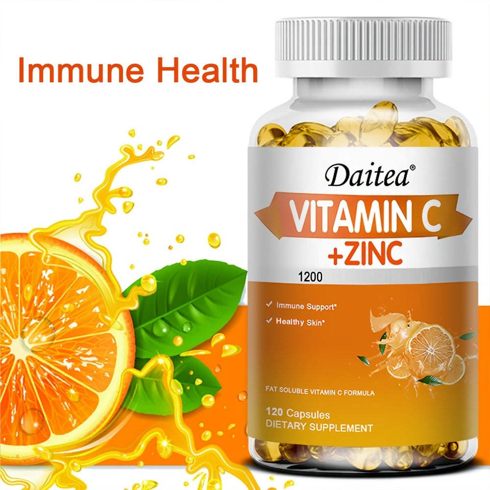 Vitamin C with Zinc Supplement 1200mg Vitamin C & 20mg Zinc — Immune Support, Antioxidant Defense, Collagen & Skin Health, 120 Softgels Daily Formula for Women & Men