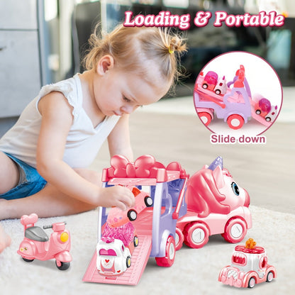 Pink Carrier Truck Toy with 4 Mini Cars, Music & Lights – Battery Powered Pull-Back Transport Vehicle for Girls Boys Ages 3+, Holiday Birthday Christmas Gift