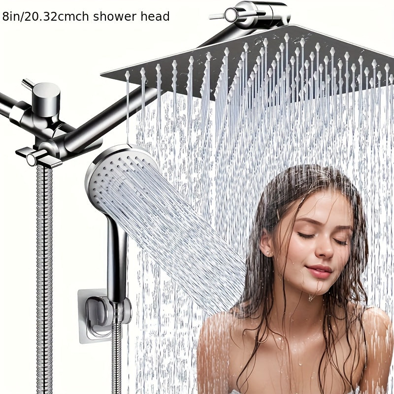 Rainfall Shower Head with Handheld Combo – 8" High Pressure Rain Shower, 5-Setting Adjustable, Anti-Leak with 11" Extension Arm, Holder & Hose, Height & Angle Adjustable