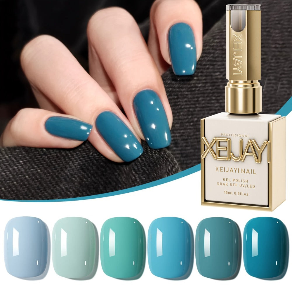 Blue Gel Nail Polish Set 6 Colors — Peacock Sky Sapphire Navy Light Deep Blue High Saturation UV LED Soak Off Alcohol Free Long Lasting Salon Quality Manicure Pedicure Nail Art Gift for Women