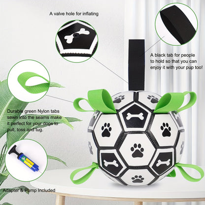 Soccer Ball Dog Toy with Straps - Interactive Tug of War Ball for Dogs, Durable Outdoor Water Toy for Small Medium Dogs, Includes Charging Cylinder, Great Dog Birthday Gift