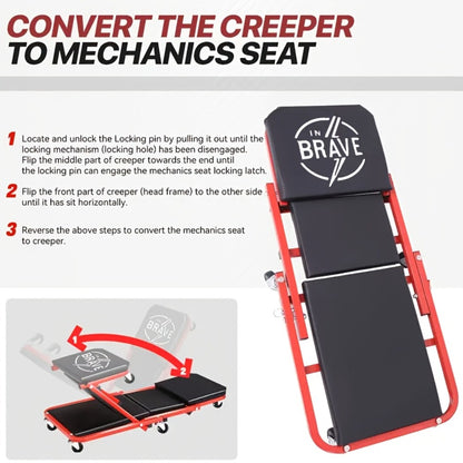 Mechanic Creeper Seat 3-in-1 Heavy Duty 36" – Folding Crawler with Adjustable Z-Seat, 6 Lockable Casters, 350–650 lb Capacity for Auto Repair