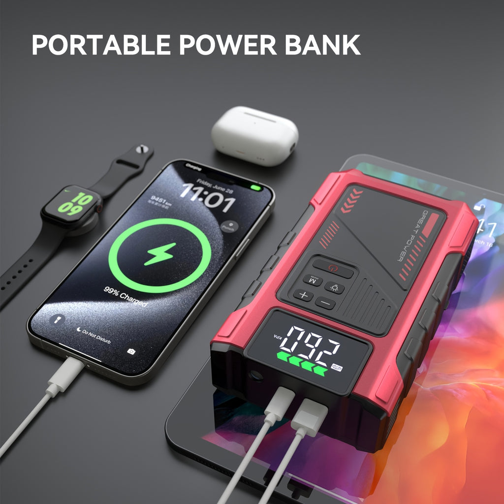 4000A Portable Car Jump Starter with Air Compressor, Suitable for 12V(2.11gal Gas, 1.72gal Diesel) Jump Starter Battery PackWith150 PSl Tire Inflator, 12V Car Battery Jump Power with LED Light, Car Accessories Tools, Car Emergency Kits, Jump Starters