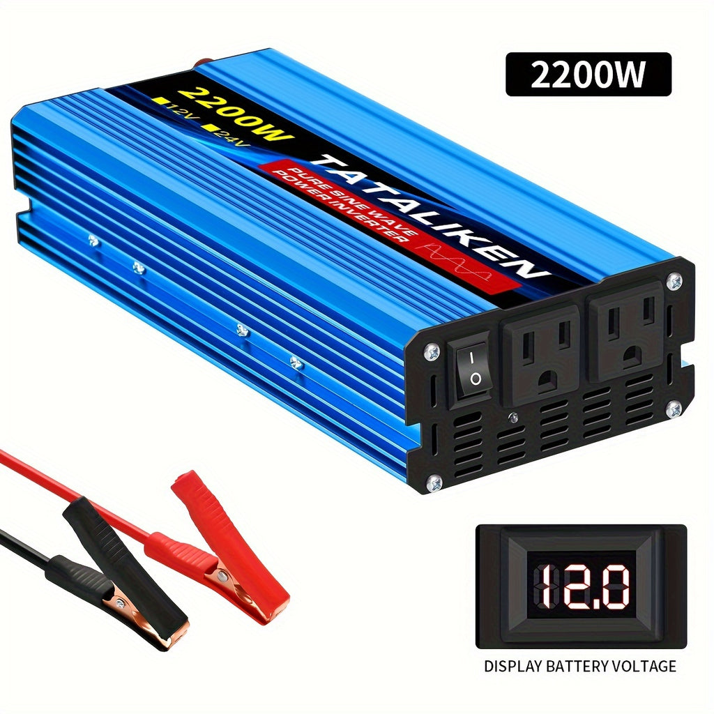 TATALIKEN 2200Watt Pure Sine Wave Inverter, 12V/24V DC to 110V AC | 2 AC Output Outlets, Suitable for RVs, Trucks, Off-grid Systems, Homes And Vehicles, Truck Power Supplies, Electronic Accessories, Batteries Not Included.