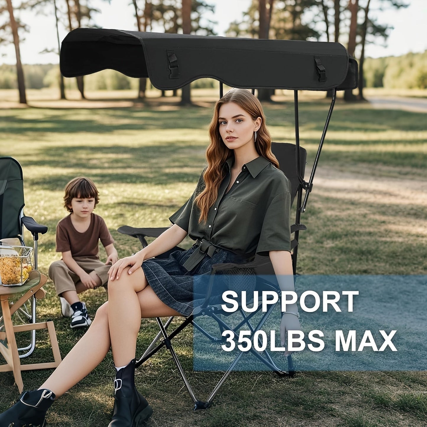 Folding Camping Chair with Sunshade Canopy, Heavy Duty Portable Outdoor Chair with Armrests Cup Holder & Carry Bag for Beach Fishing Picnic Sports