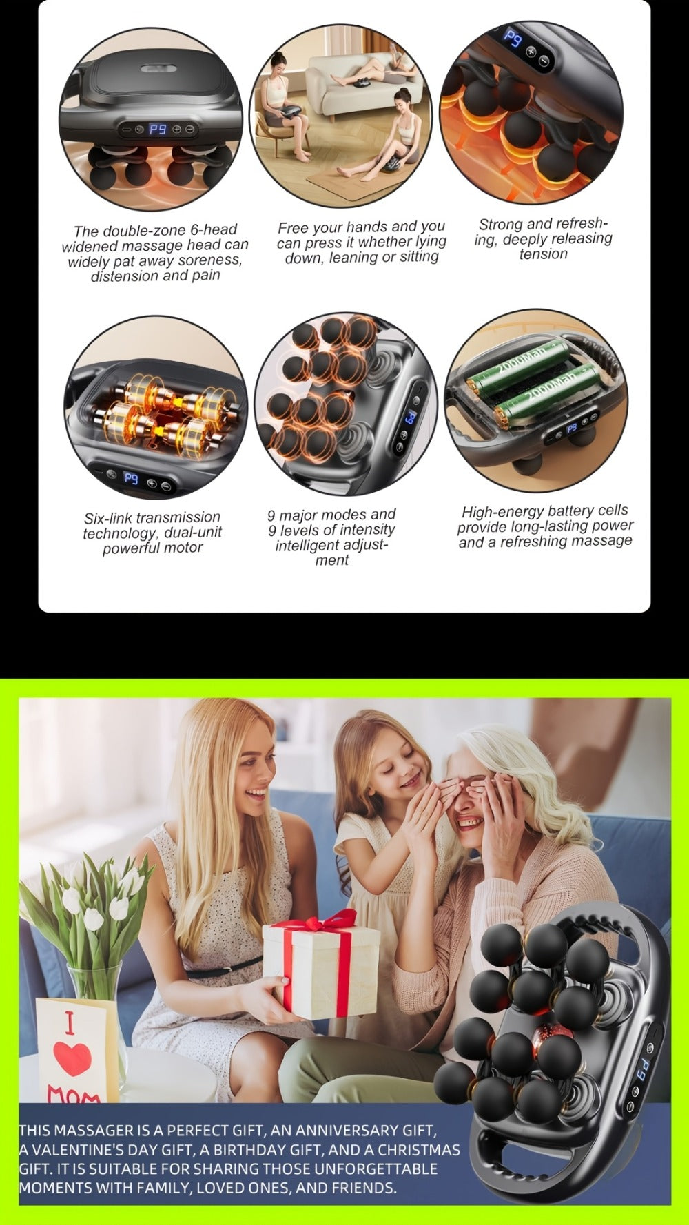 Massage Gun for Deep Tissue Relief – Cordless Percussion Massager with 9 Speeds & 9 Modes, Multiple Heads for Back, Neck, Shoulders, Legs & Feet | Gift for Dad & Mom