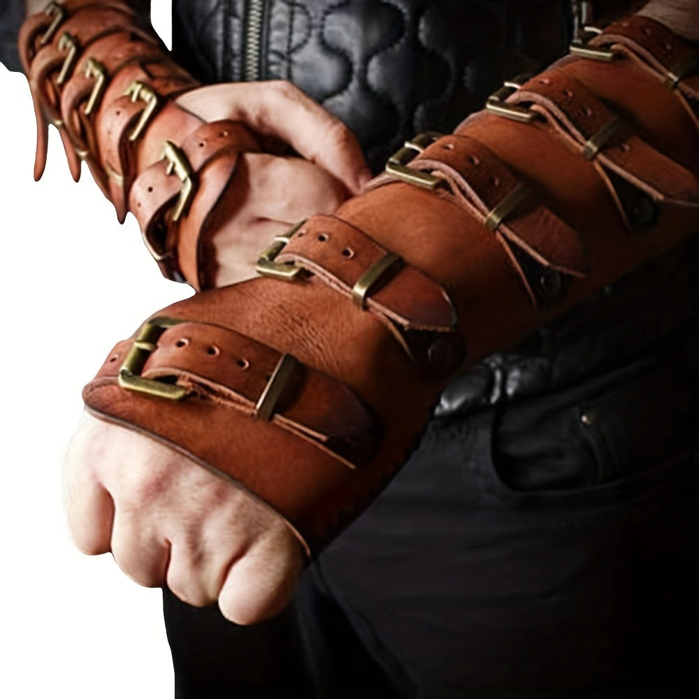 LARP Arm Guards Medieval Embossed Faux Leather Elf Bracers – Fantasy Knight Archer Gauntlets for Cosplay Renaissance Faire Halloween Costume Adjustable Brown