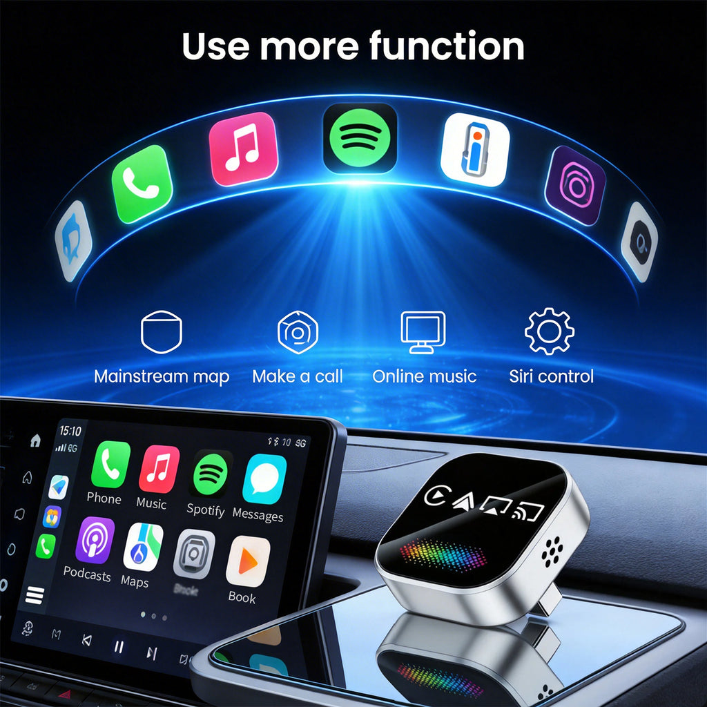 2026 Upgraded 4-in-1 Mini Wireless CarPlay Adapter, with Colorful Breathing Light, Plug & Play Wired to Wireless Converter for IOS CarPlay & Android Auto, BT 5.0, USB & USB-C Compatible