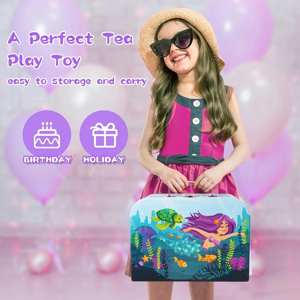 Mermaid Tea Party Set for Girls 21pcs – Tin Teapot, 4 Cups, Saucers, Plates & Carrying Case | Pretend Play Kitchen Toy for Toddlers, Birthday & Christmas Gift for Girls Ages 3 4 5 6