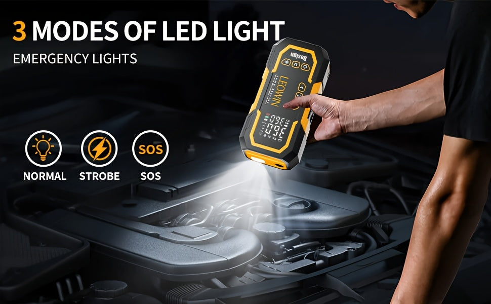 Portable Car Battery Jump Starter with Air Compressor, 12V Battery Booster Pack (9.0 Gas/1.72gal Diesel) with 150PSI Auto-Shutoff Tire Inflator, Jump Box with Smart Clamps, Jumper Cables, USB Input/output, LED Emergency, Car Accessories Tools