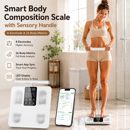 Smart Body Fat Scale with Handle, 8-Electrode Full Body Composition Analyzer, BMI Muscle Mass Monitor, Digital Weight Scale with APP Sync & LED Display for Home Gym Fitness Tracking