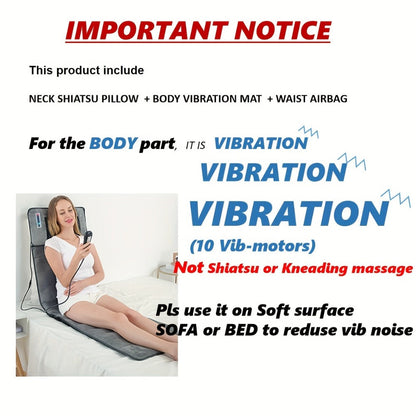 Full Body Shiatsu Massage Mattress – 10-Zone Vibration with Neck Kneading & Hot Compress, 12V Safety Voltage Massage Mat for Back Neck & Waist Relief, Home Relaxation Gift for Men Women