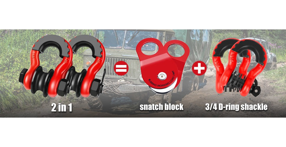 Upgraded Snatch Block, 3/ 4" D Ring Shackle (2 Pack) 32, 000lb Break Strength with Towing Pulley, Heavy Duty Offroad Recovery Accessory for Truck, Tractor, ATV & UTV Carbon Steel And Alloy Steel Materials
