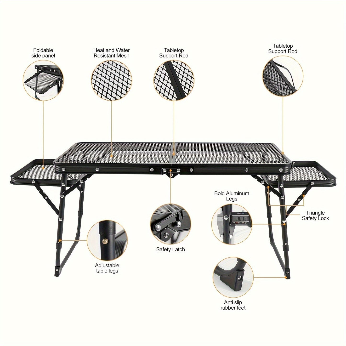 Portable Folding Camping Table with 2 Wingboards & Mesh Top – Height Adjustable Outdoor Grill Side Table for Picnic Barbecue Beach Backpacking, Lightweight Compact Folding Table with Carry Bag